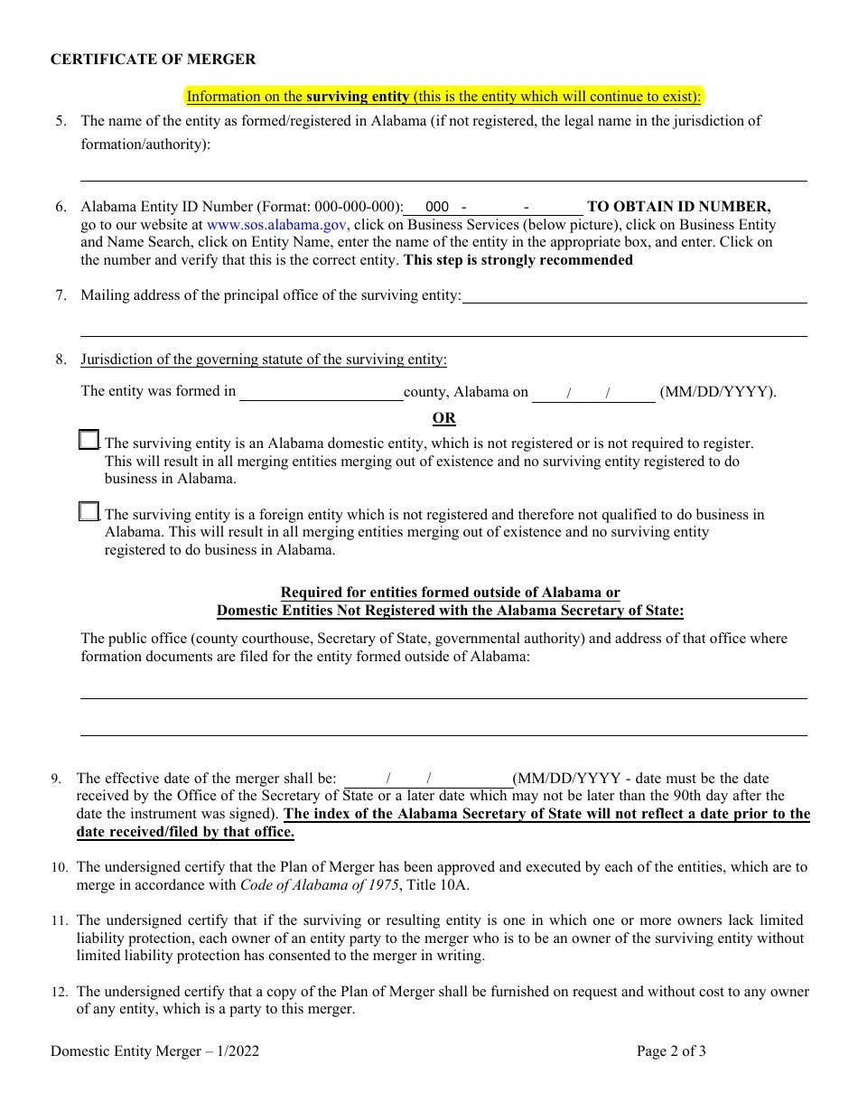 Alabama Certificate of Merger Fill Out, Sign Online and Download PDF Templateroller