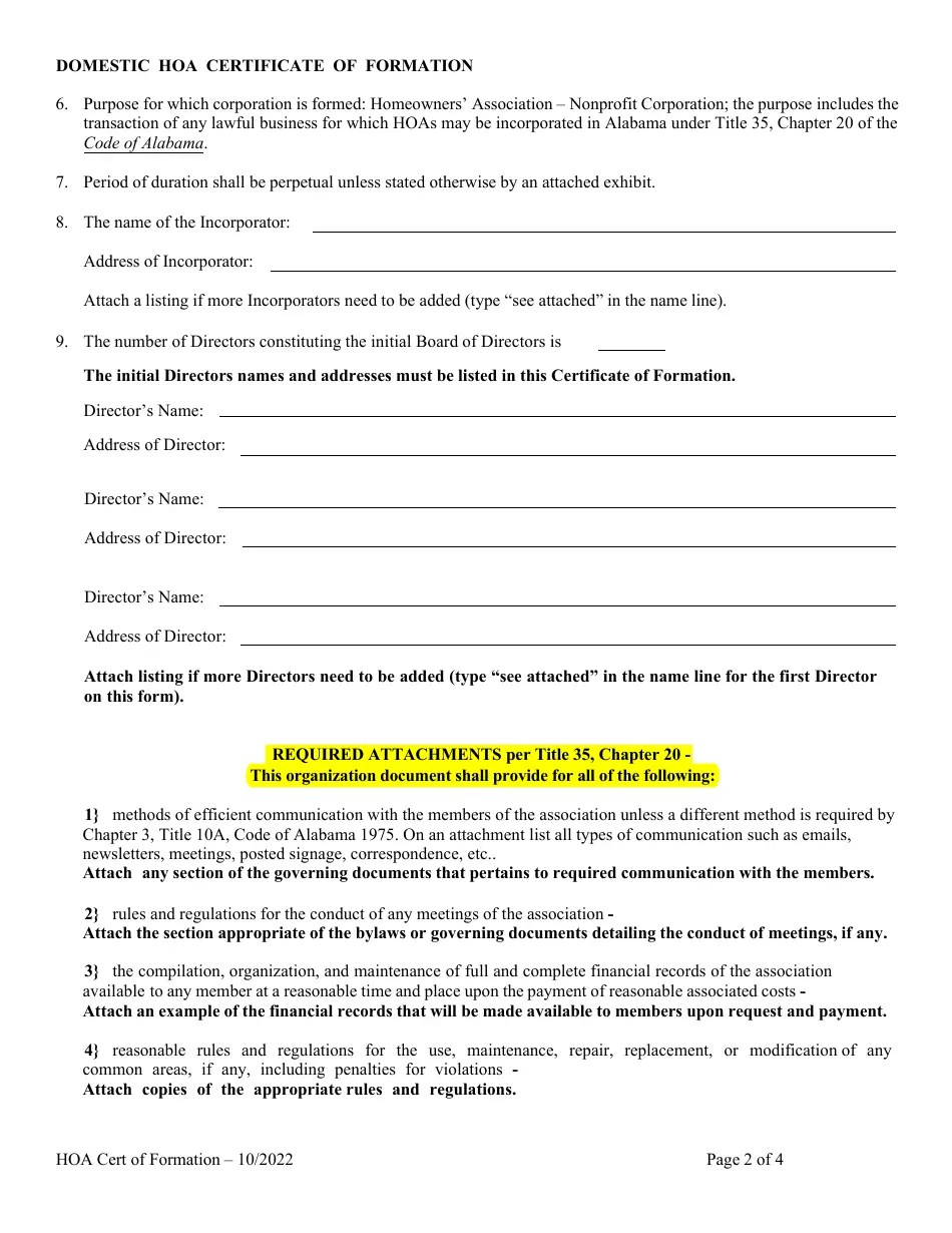 Alabama Homeowners' Association (Hoa) Domestic Nonprofit Corporation Certificate of Formation