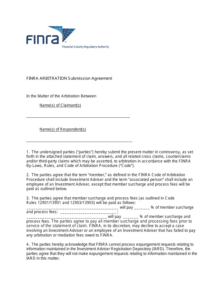 FiNRA Arbitration Submission Agreement Fill Out, Sign Online and