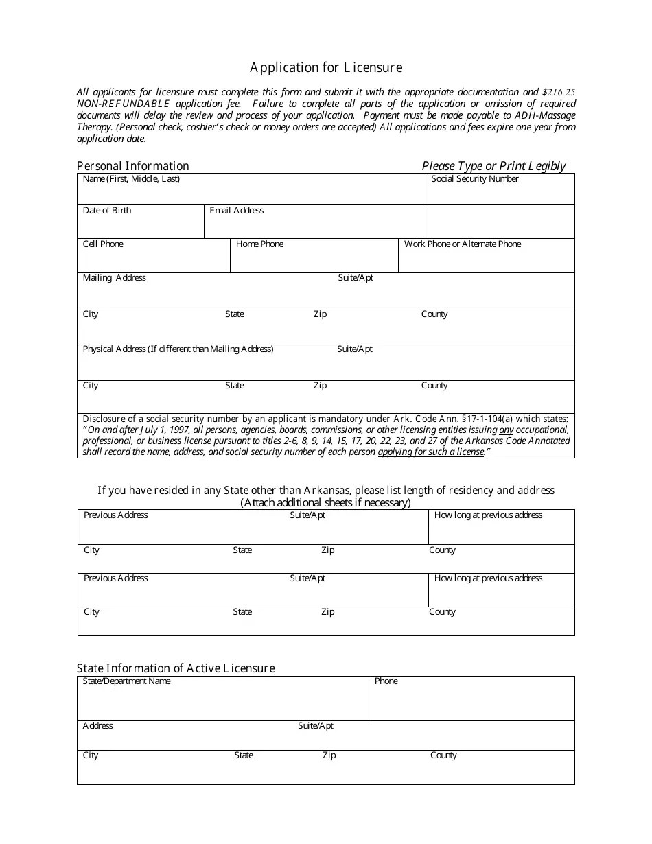 Arkansas Application for out of State License Massage Therapy Fill
