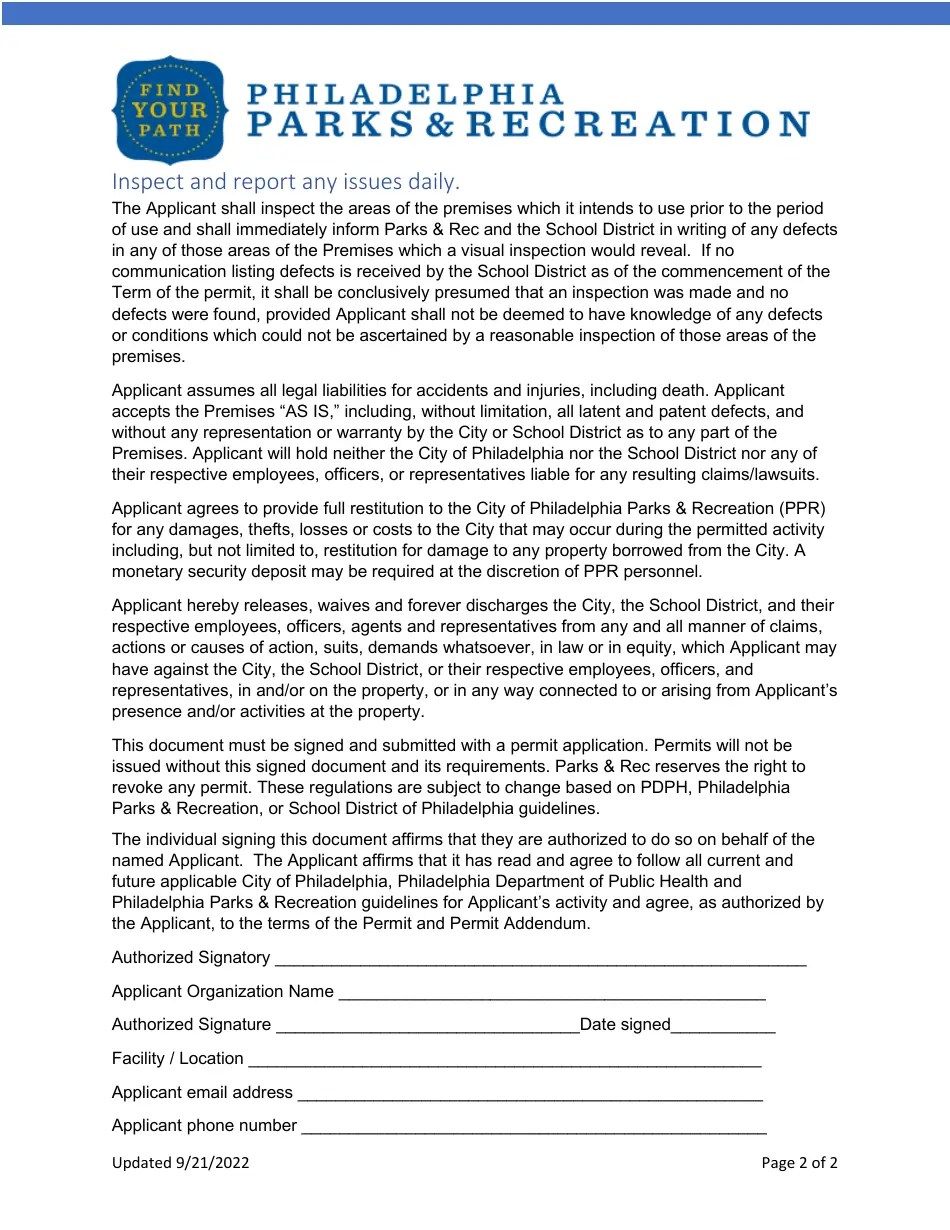 City of Philadelphia, Pennsylvania School District Use Permit Addendum