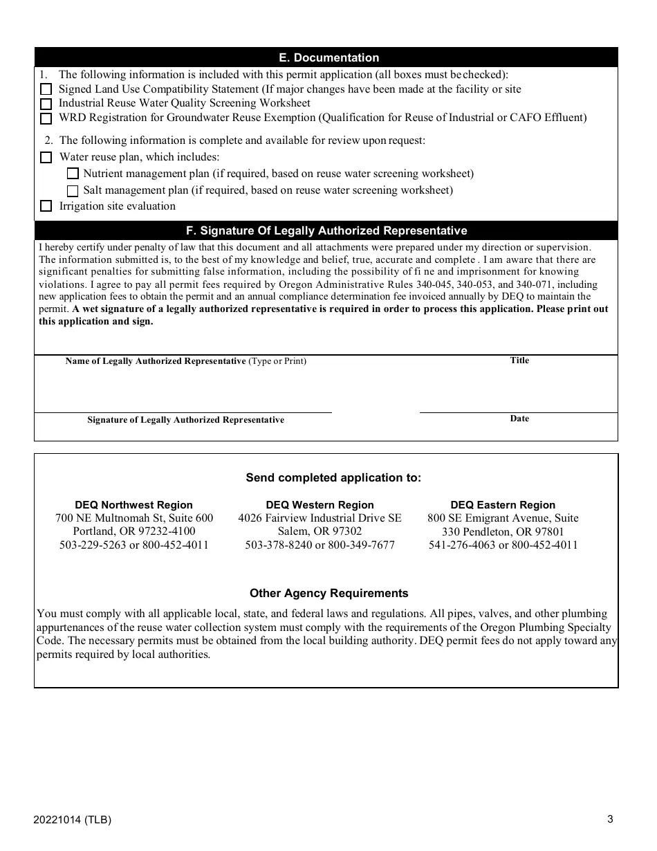 Oregon Renewal Application for 2501 Wpcf Industrial Reuse Water General Permit Fill Out, Sign