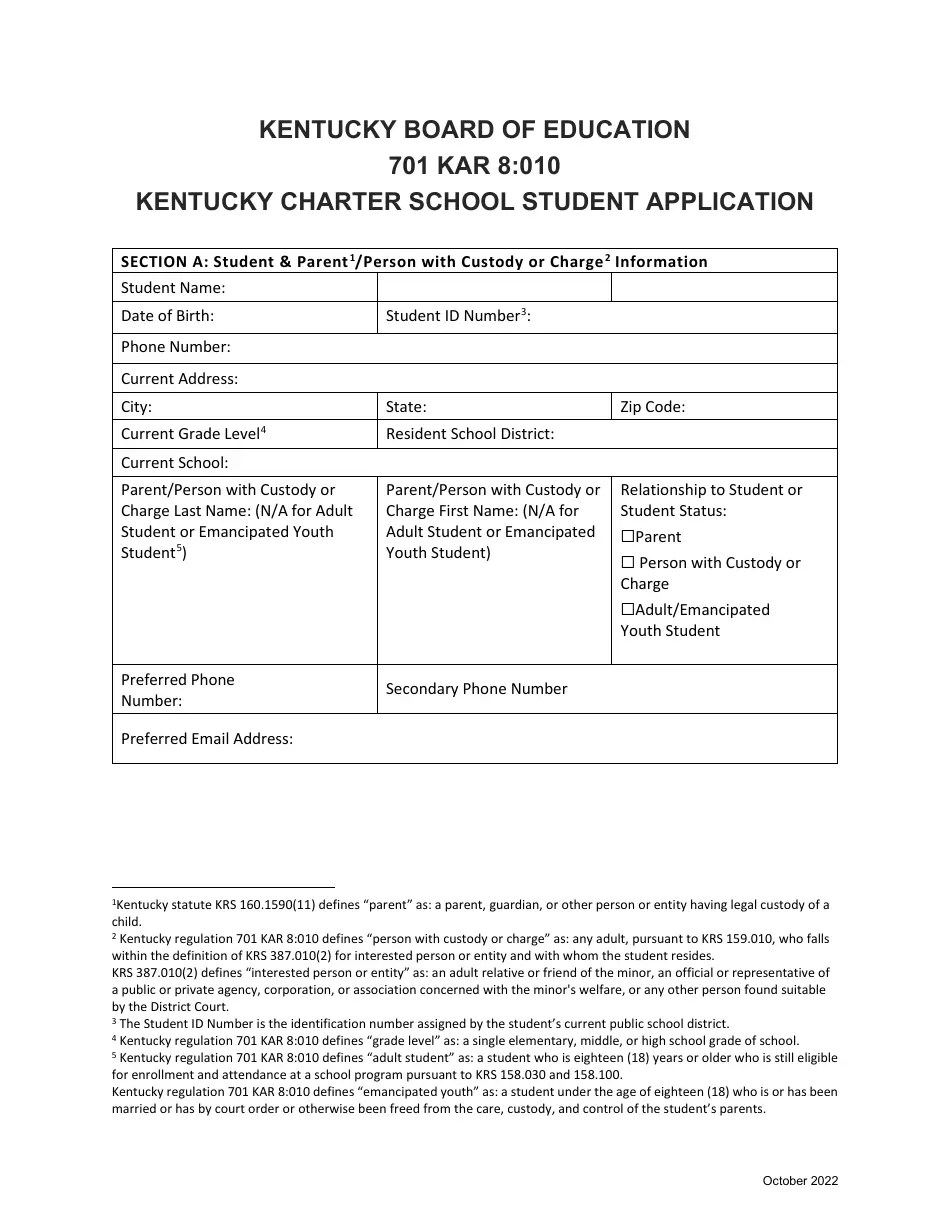 Kentucky Kentucky Charter School Student Application Download Fillable