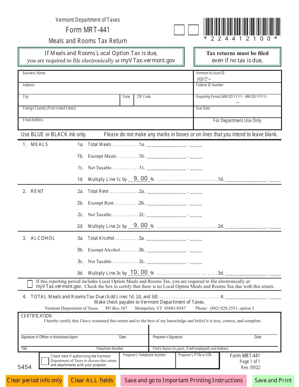Form MRT441 Fill Out, Sign Online and Download Fillable PDF, Vermont Templateroller