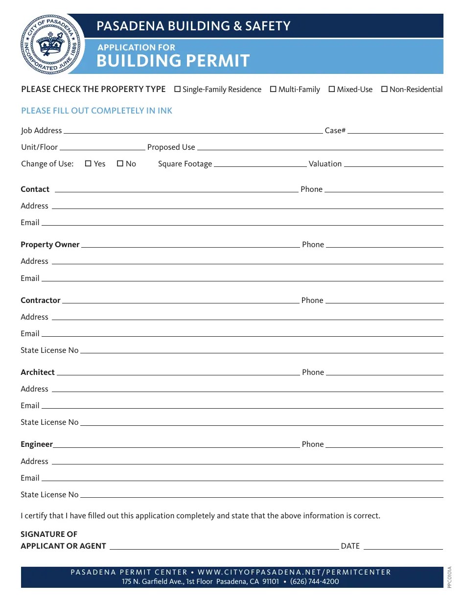 Form PPC0101A Fill Out, Sign Online and Download Printable PDF, City of Pasadena, California