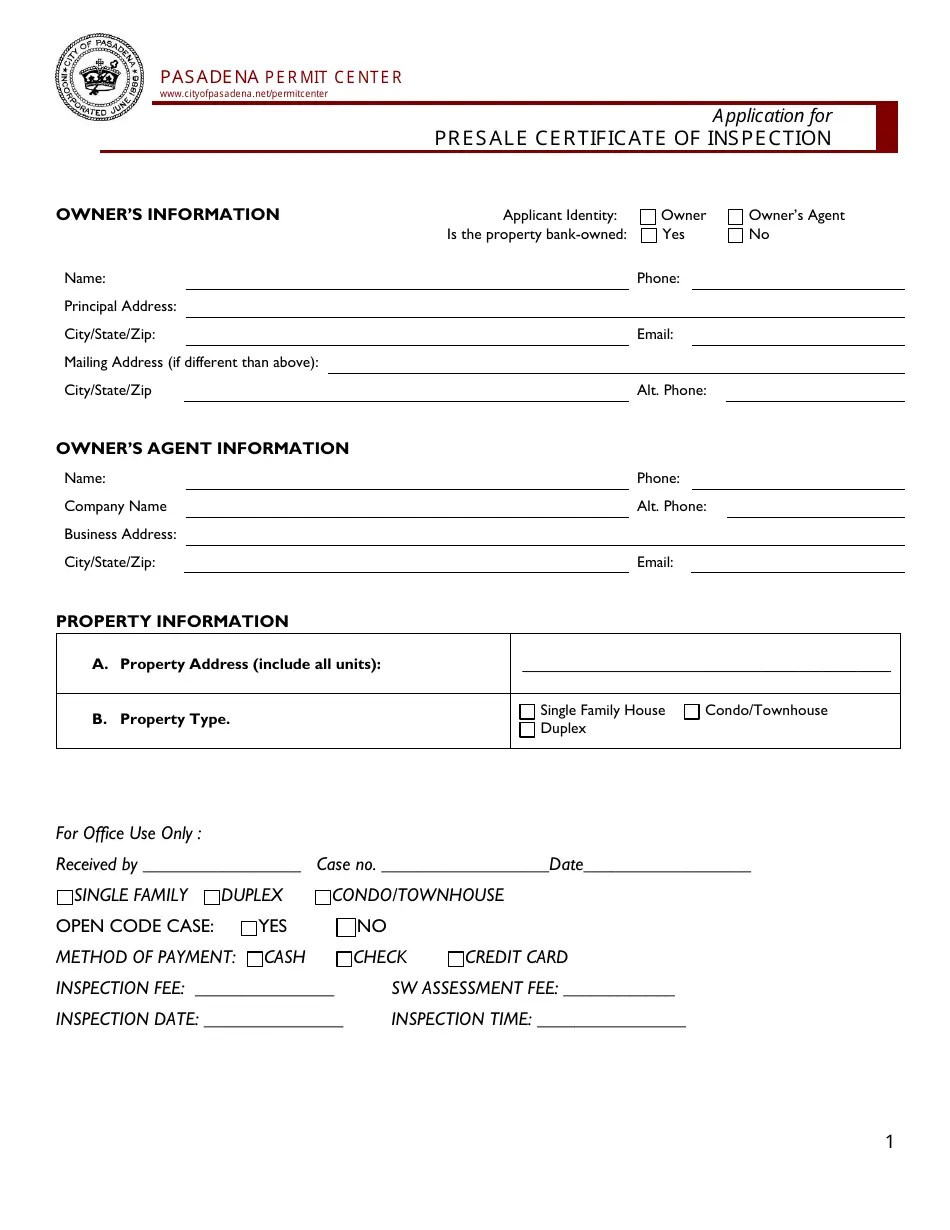 City of Pasadena, California Application for Presale Certificate of