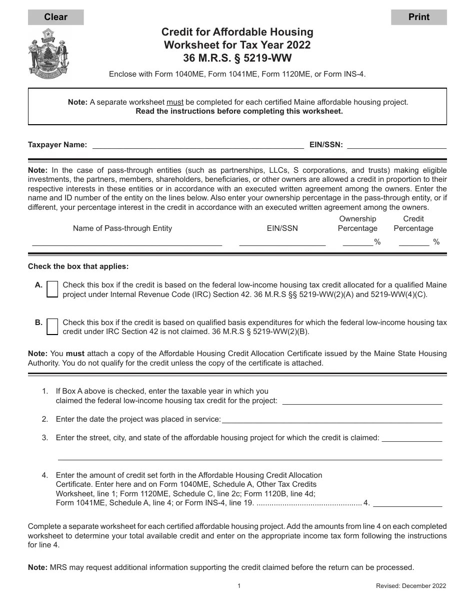 2022 Maine Credit for Affordable Housing Worksheet Fill Out, Sign