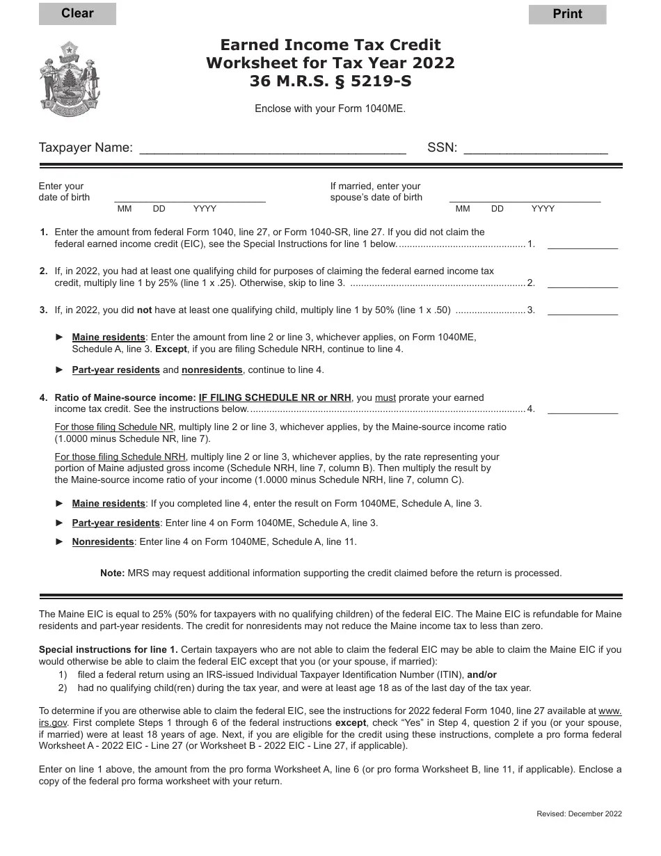 2022 Maine Earned Tax Credit Worksheet Fill Out, Sign Online