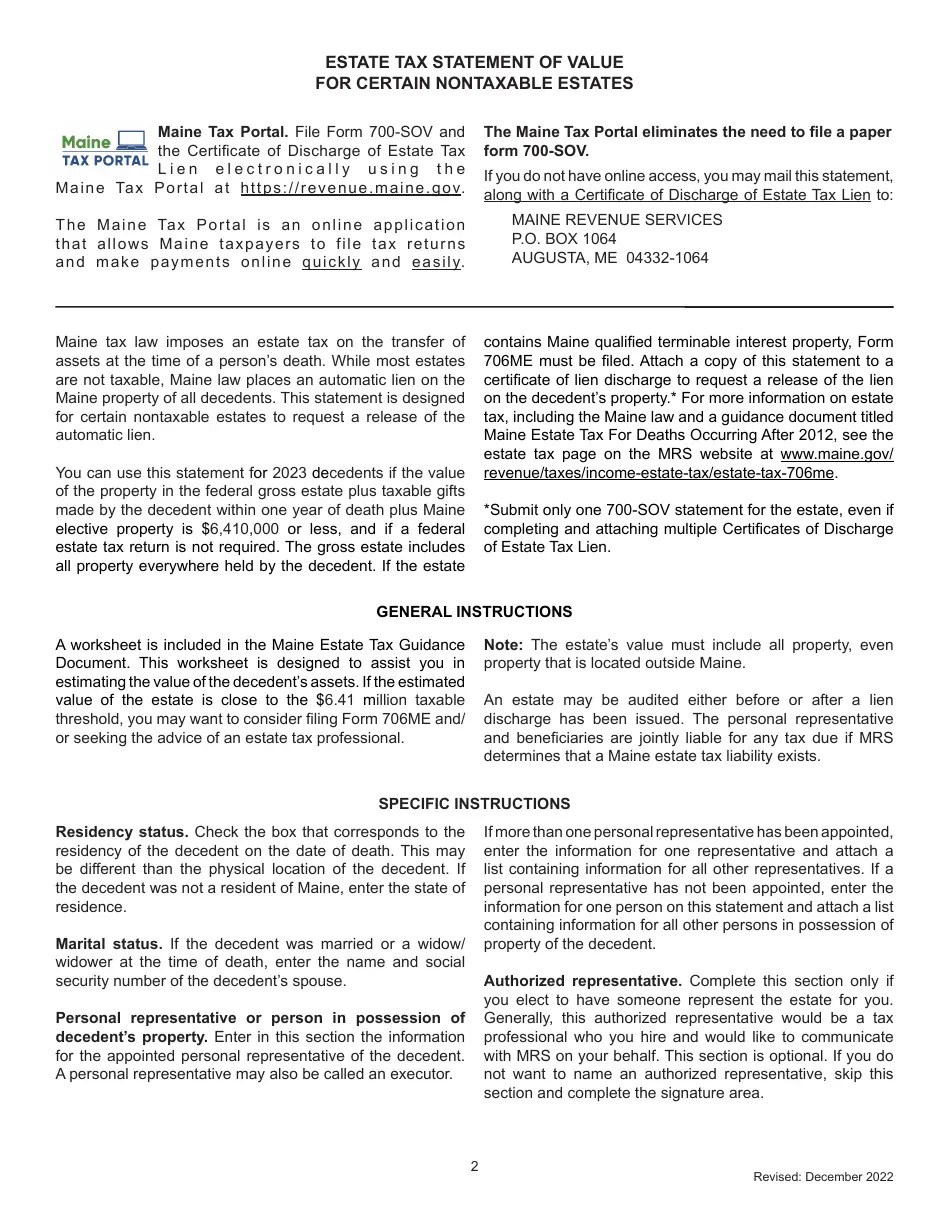 Form 700SOV Download Fillable PDF or Fill Online Maine Estate Tax