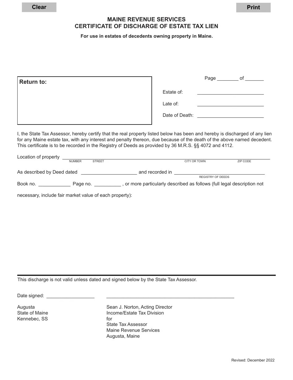 Maine Certificate of Discharge of Estate Tax Lien Fill Out, Sign