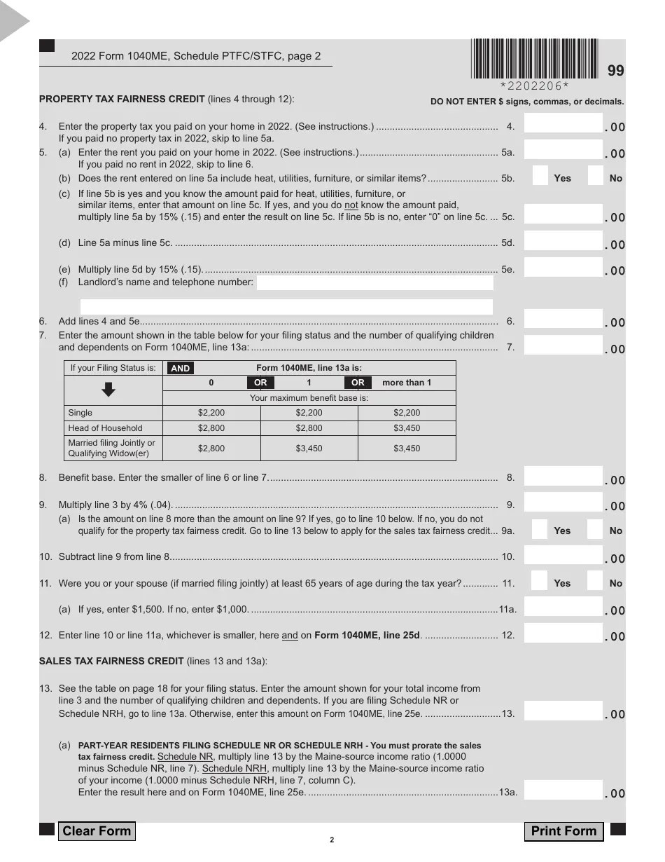 Form 1040ME Schedule PTFC/STFC Download Fillable PDF or Fill Online