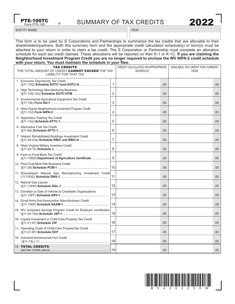 Form PTE100 Download Printable PDF or Fill Online West Virginia Tax Return S Corporation
