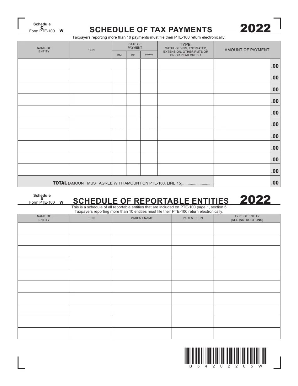 Form PTE100 Schedule C, D Download Printable PDF or Fill Online Schedule of Tax Payments