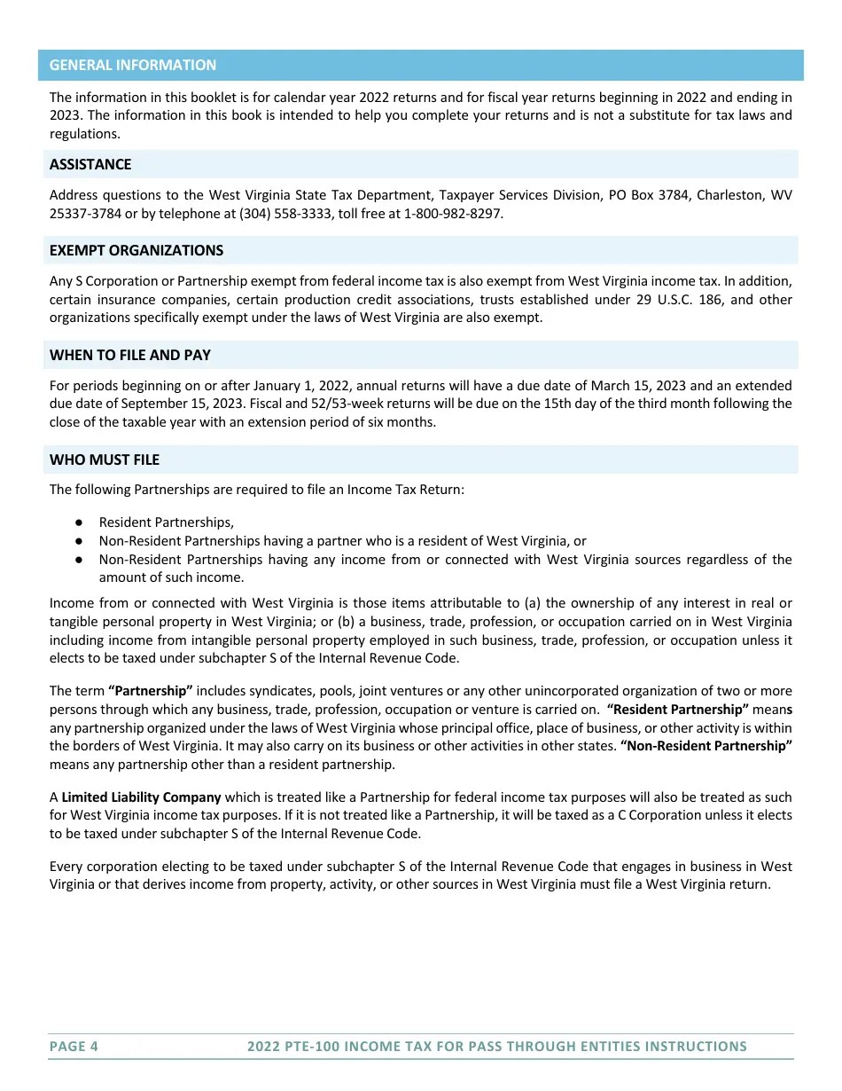 Download Instructions for Form PTE100 West Virginia Tax Return S