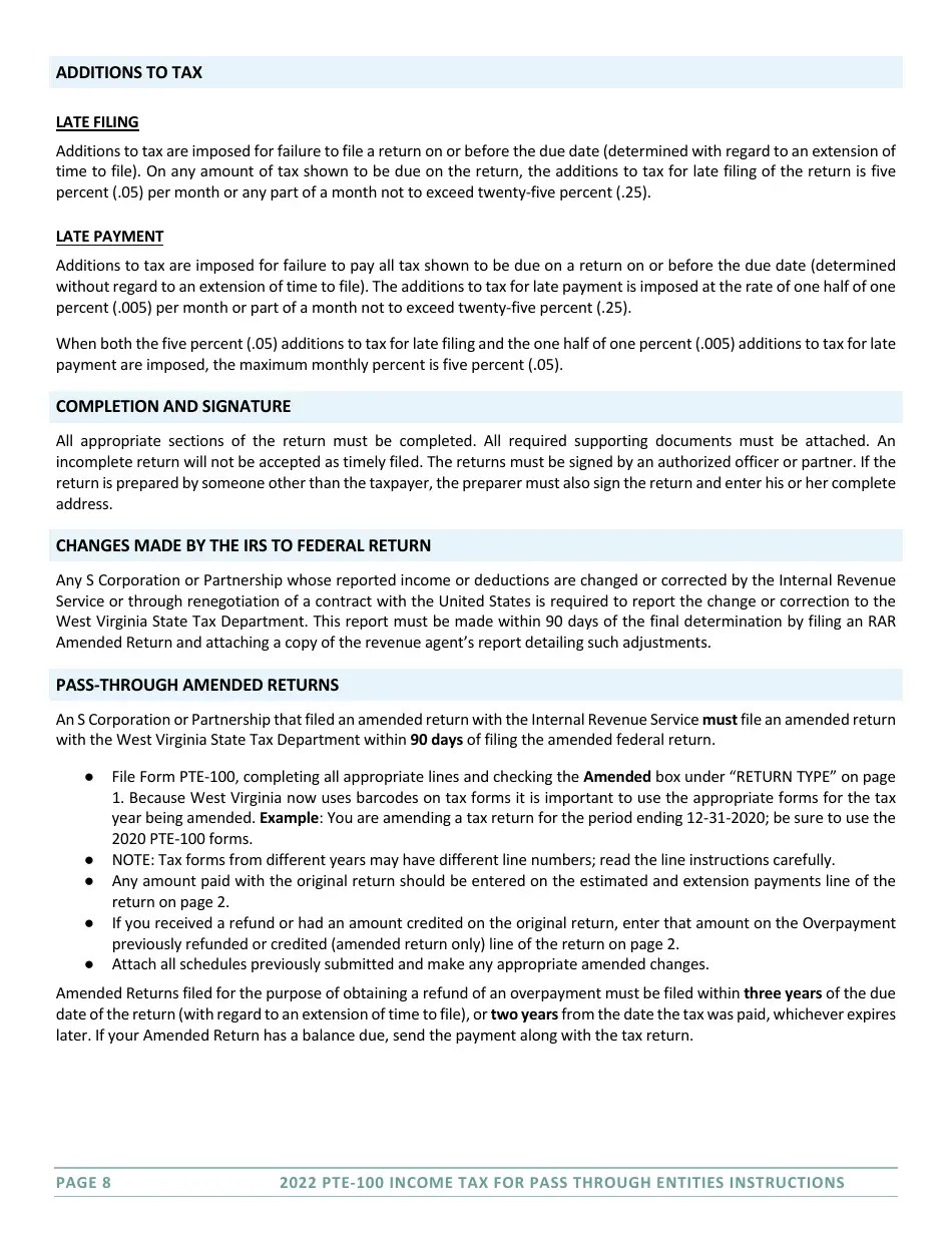 Download Instructions for Form PTE100 West Virginia Tax Return S