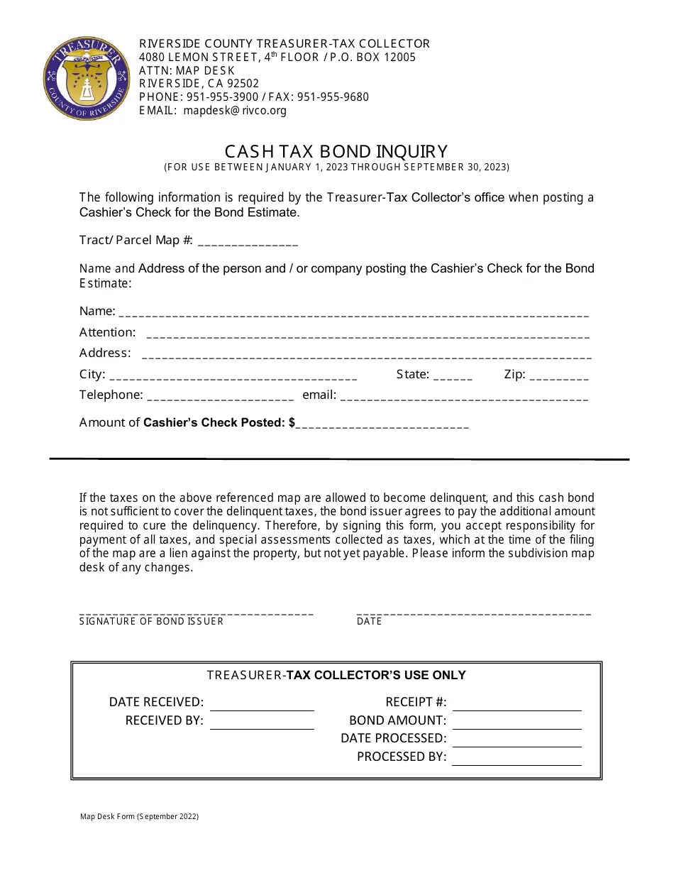 2023 Riverside County, California Cash Tax Bond Inquiry Download