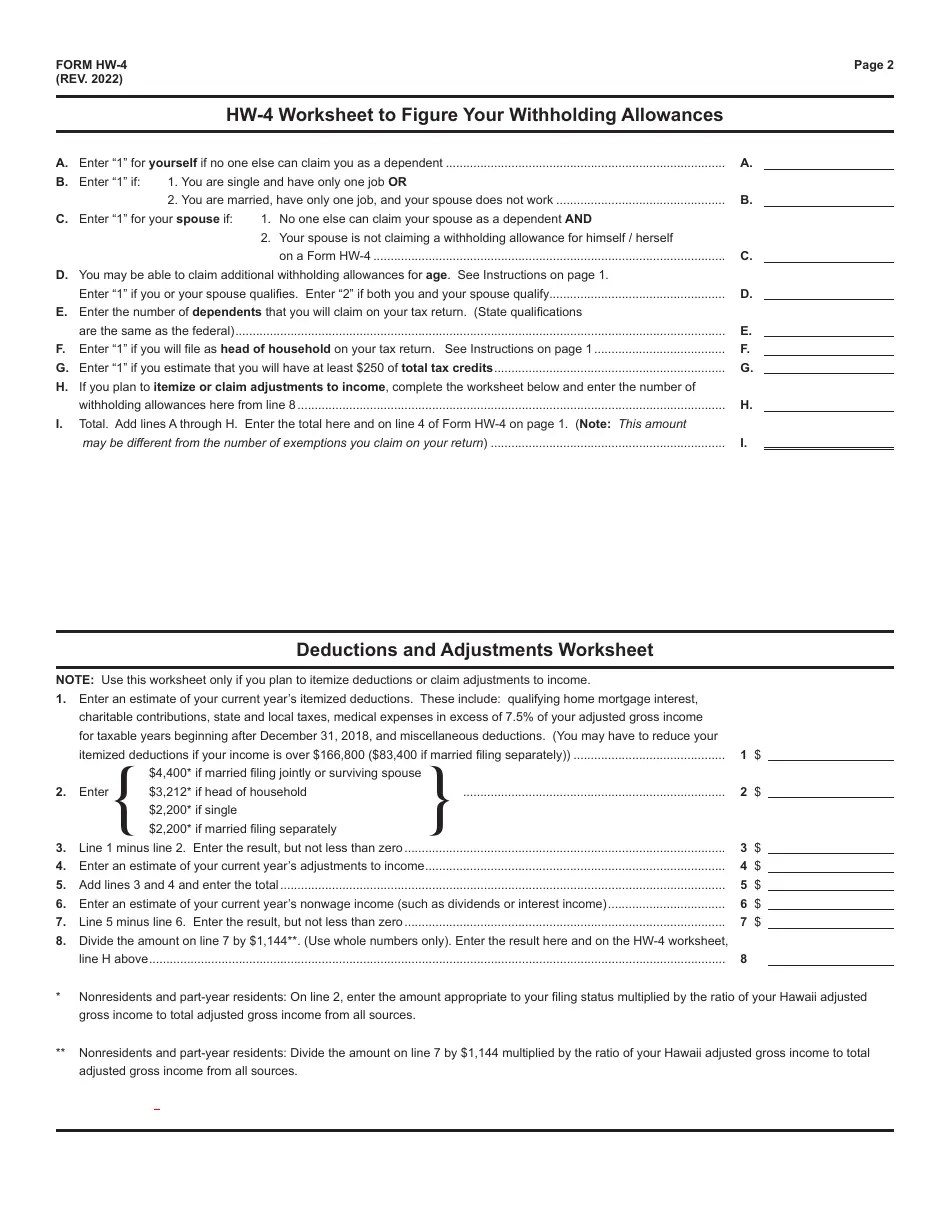 Form HW4 Download Fillable PDF or Fill Online Employee's Withholding Allowance and Status