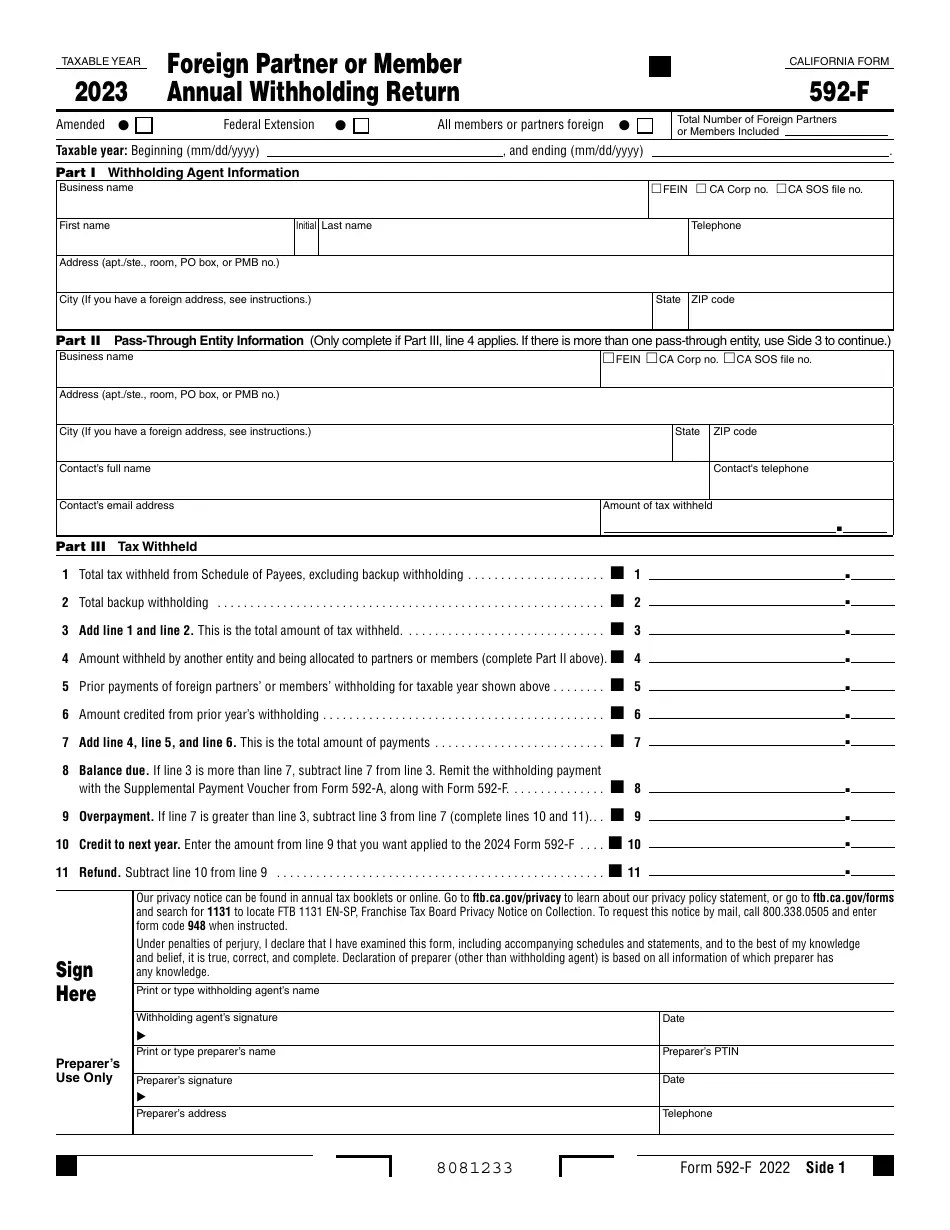 Form 592F Download Fillable PDF or Fill Online Foreign Partner or
