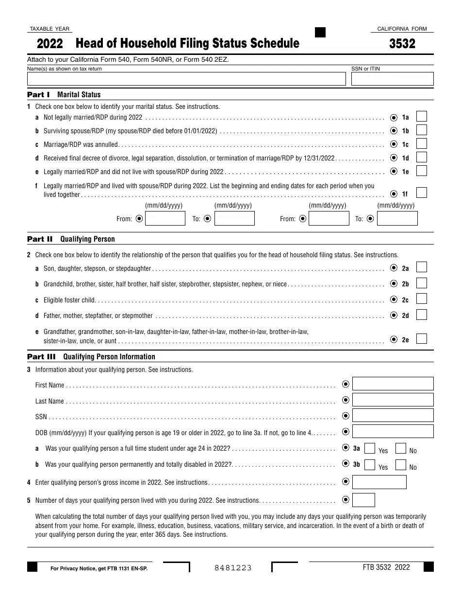 Form FTB3532 Download Fillable PDF or Fill Online Head of Household