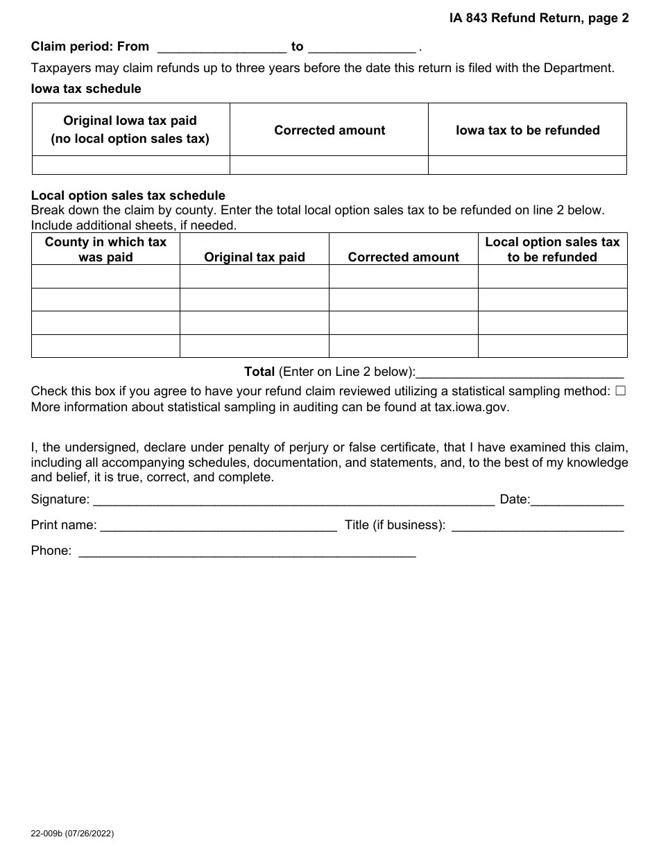 Form IA843 (22009) Fill Out, Sign Online and Download Fillable PDF