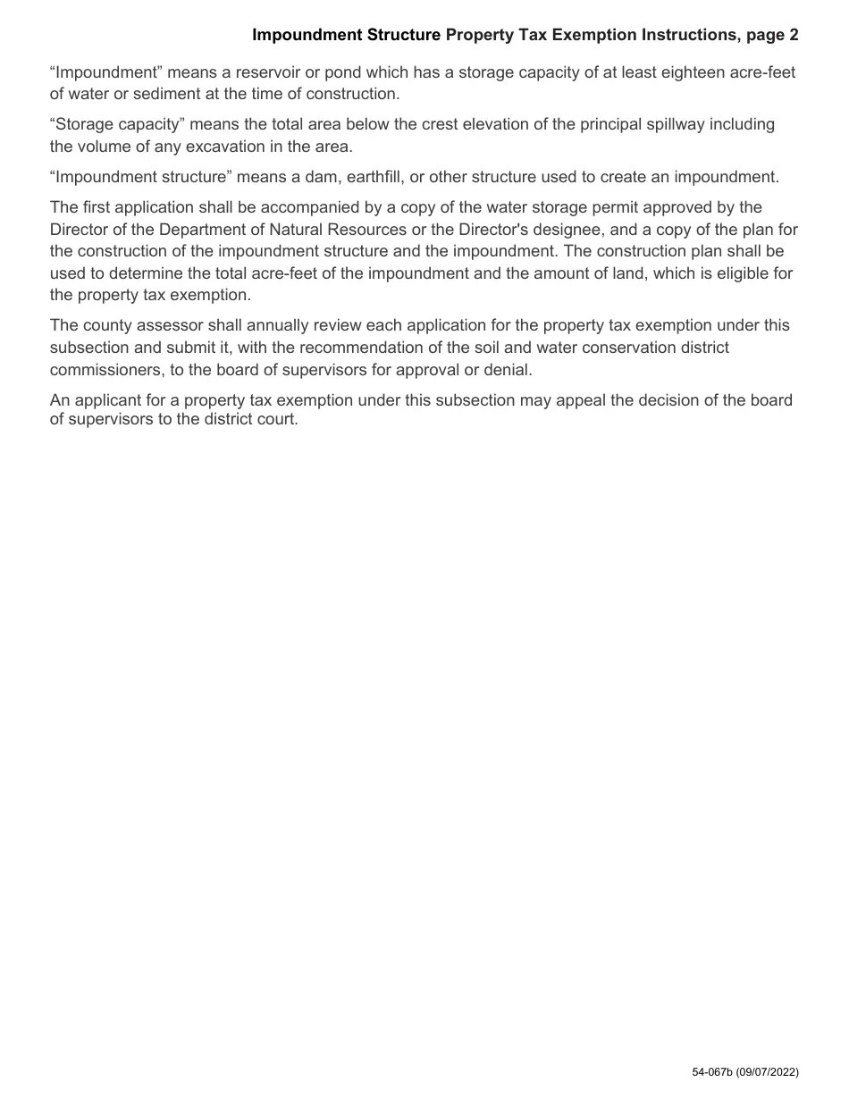 Form 54067 Download Printable PDF or Fill Online Impoundment Structure