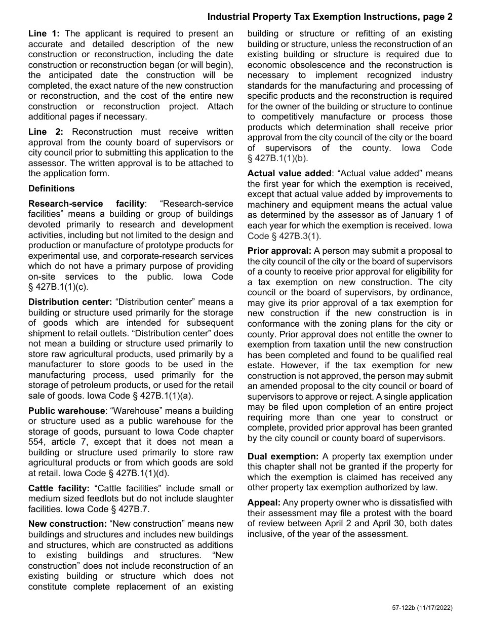 Form 57122 Download Printable PDF or Fill Online Industrial Property Tax Exemption, Iowa