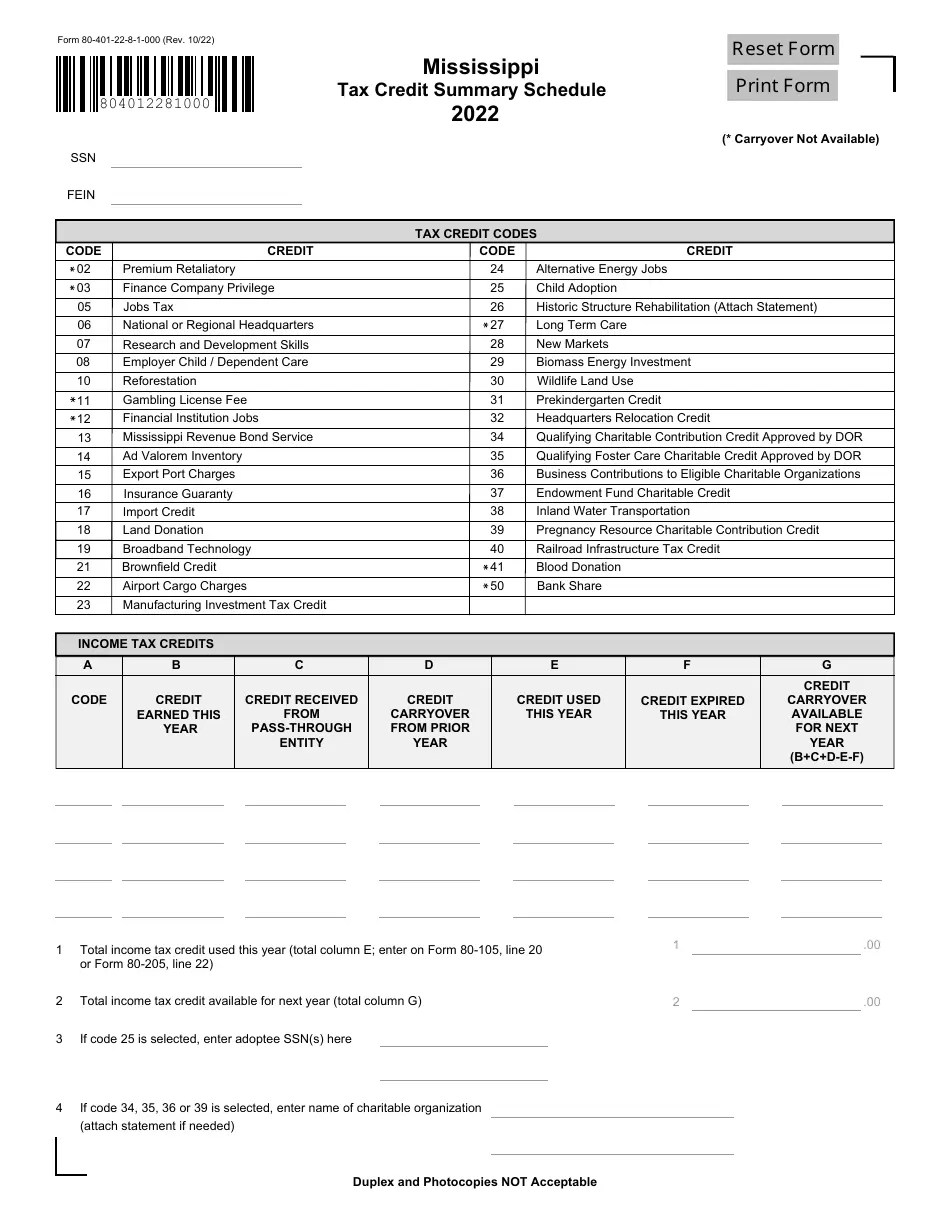 Form 80401 Download Fillable PDF or Fill Online Mississippi Tax Credit