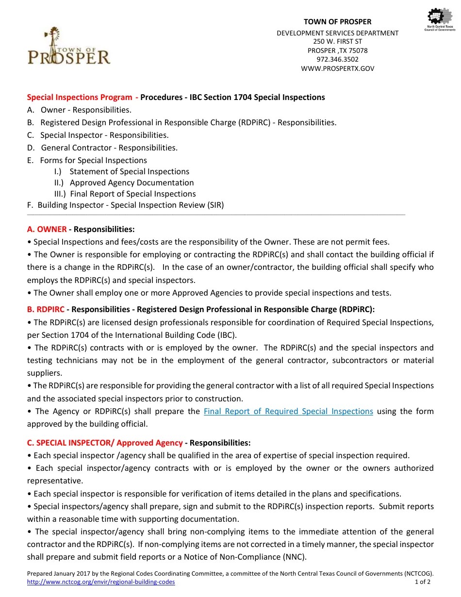 Town of Prosper, Texas Statement of Required Special Inspections Fill