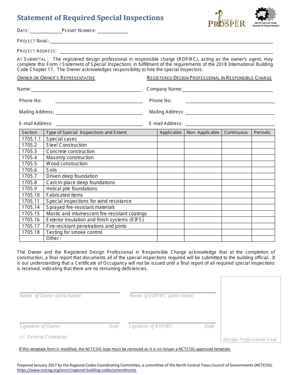 Town of Prosper, Texas Statement of Required Special Inspections Fill Out, Sign Online and
