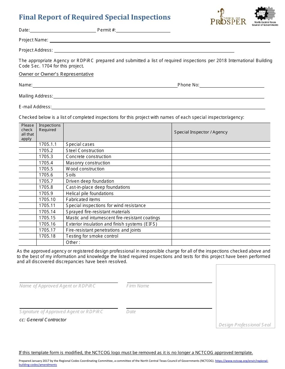 Town of Prosper, Texas Statement of Required Special Inspections Fill