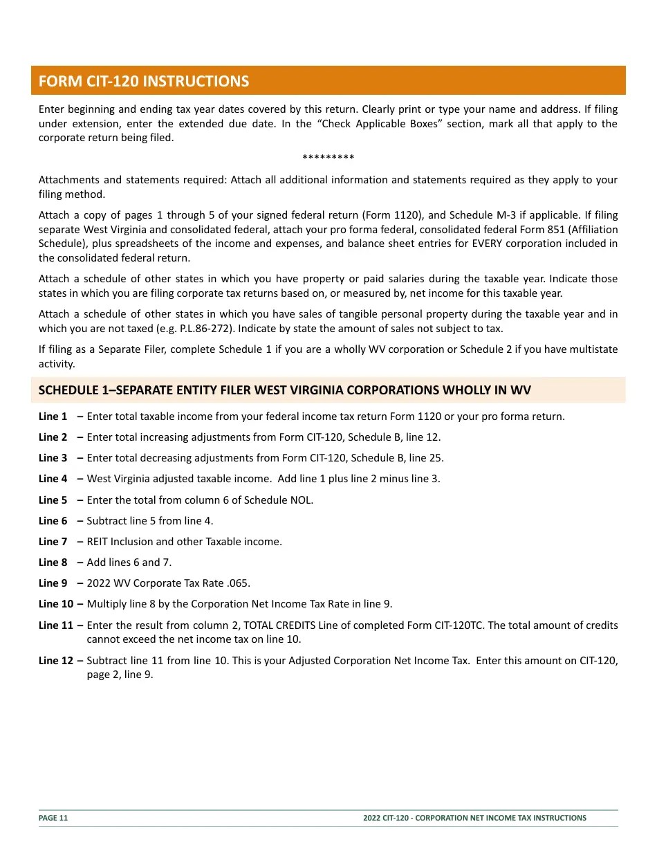 Download Instructions for Form CIT120 West Virginia Corporation Net