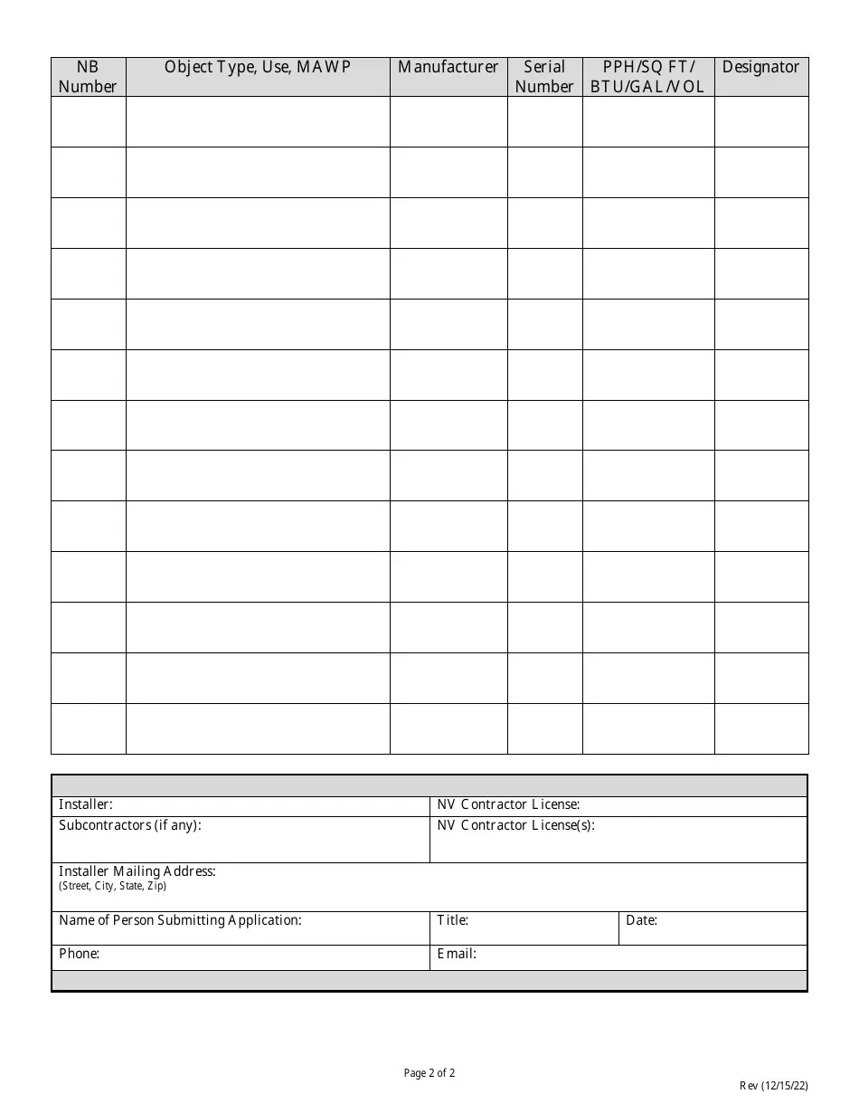 Nevada Application for Permit to Install a Boiler or Pressure Vessel