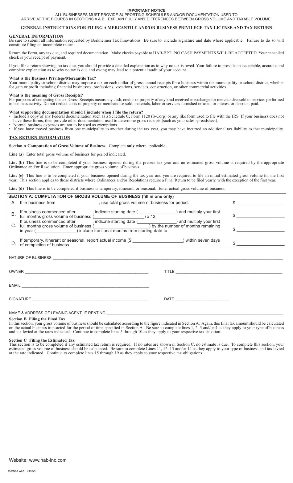 Pennsylvania Business Privilege and/or Mercantile Tax Return Fill Out