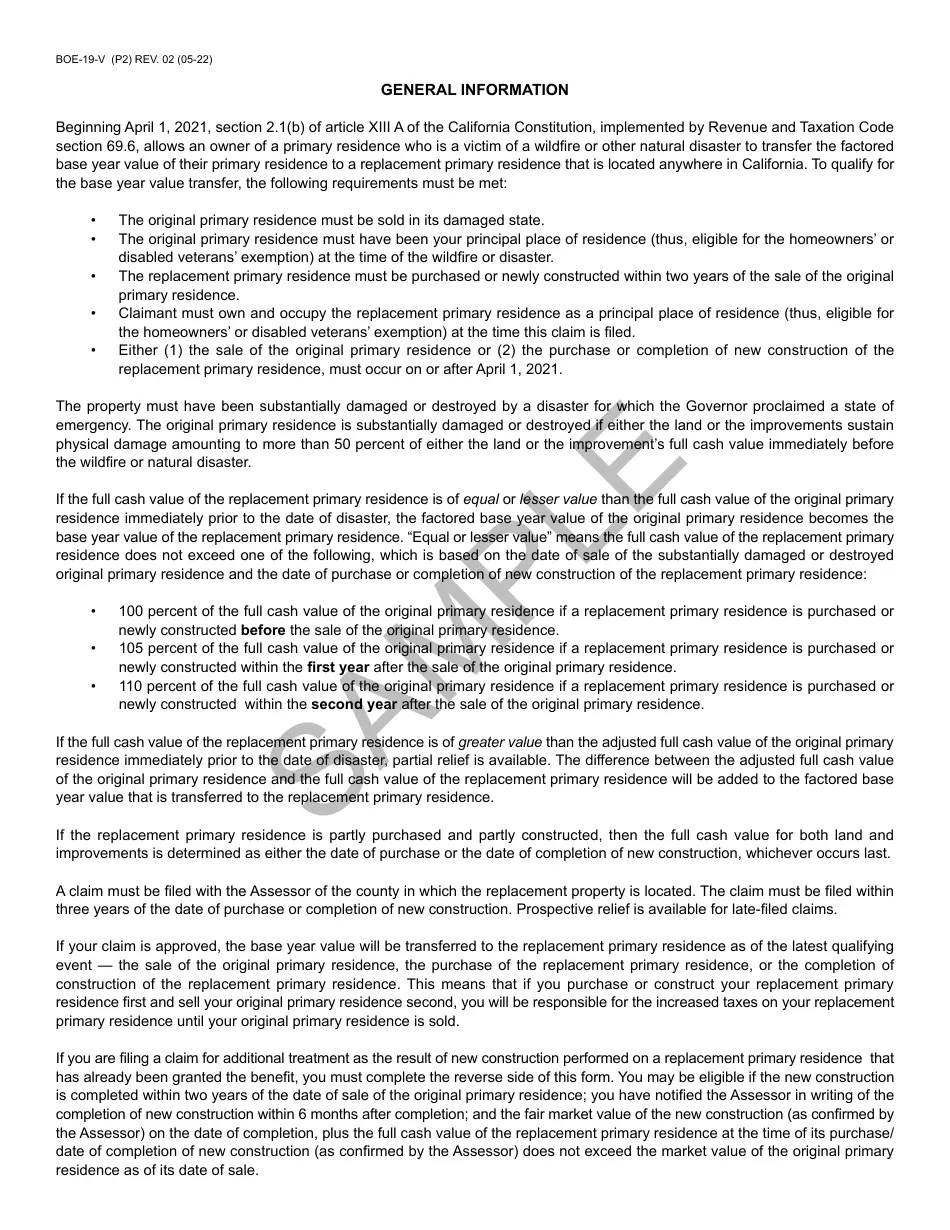 Form BOE19V Download Printable PDF or Fill Online Claim for Transfer