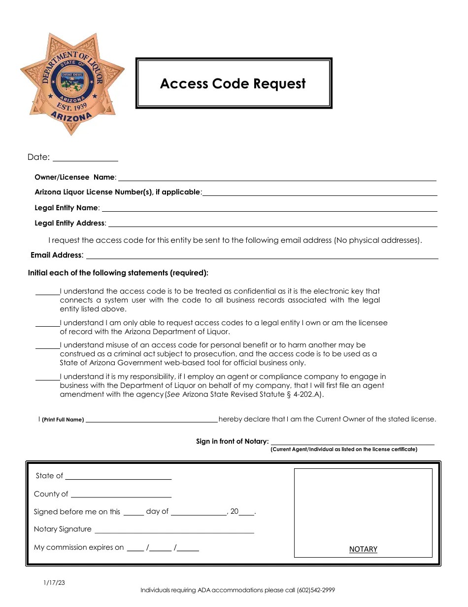 Arizona Access Code Request Download Fillable PDF 2022 — 2024