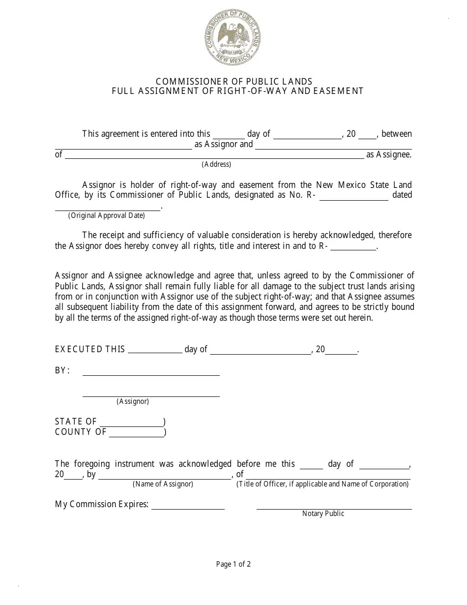 New Mexico Full Assignment of RightOfWay and Easement Fill Out