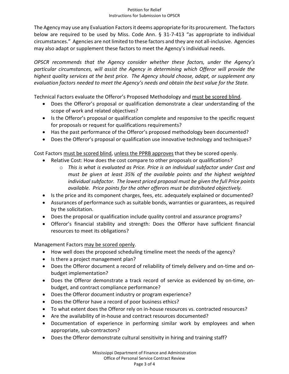 Mississippi Petition for Relief From Competitive Sealed Bidding