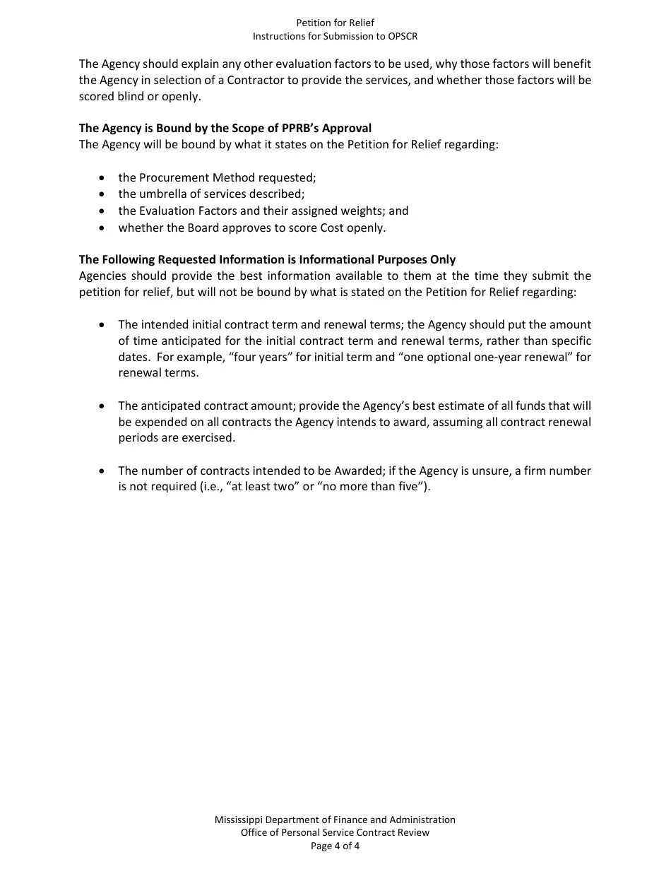 Mississippi Petition for Relief From Competitive Sealed Bidding