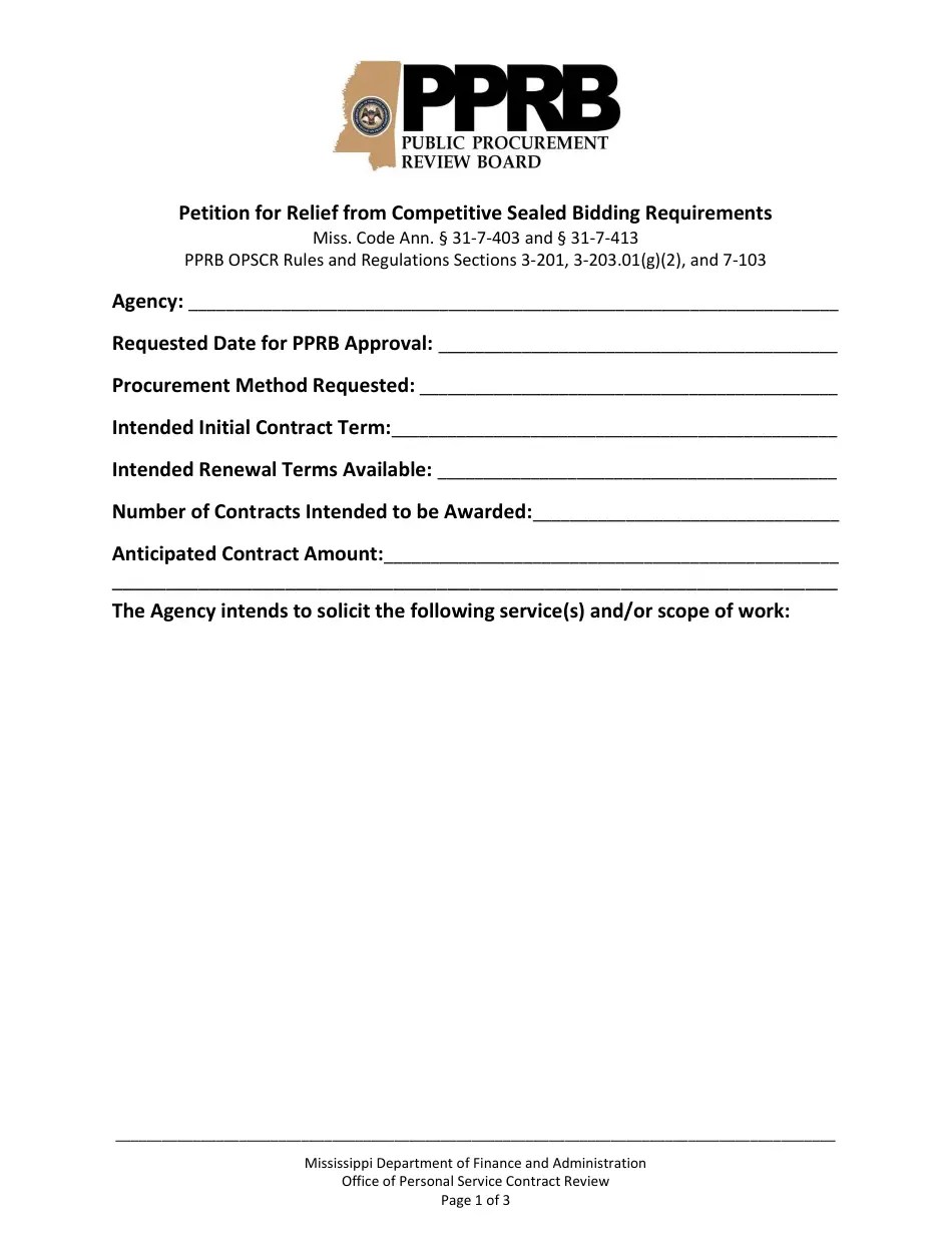 Mississippi Petition for Relief From Competitive Sealed Bidding