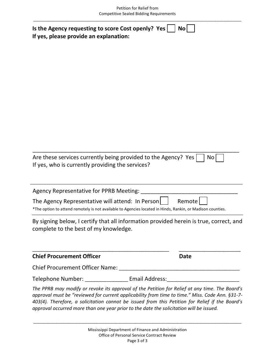 Mississippi Petition for Relief From Competitive Sealed Bidding