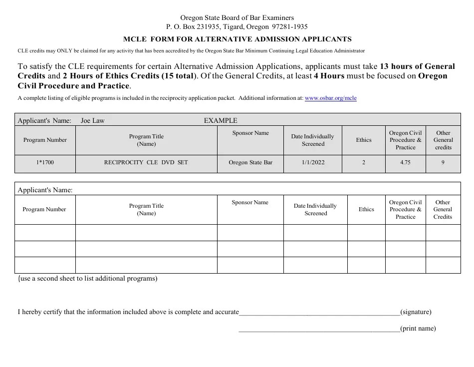 Oregon Mcle Form for Alternative Admission Applicants Fill Out, Sign