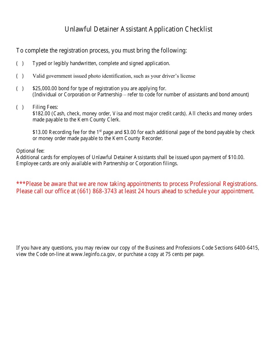 Kern County, California Unlawful Detainer Assistant Registration