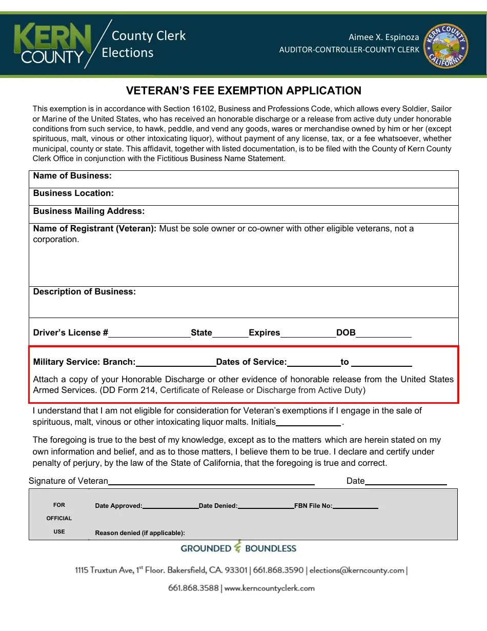 Kern County, California Veteran's Fee Exemption Application Fill Out