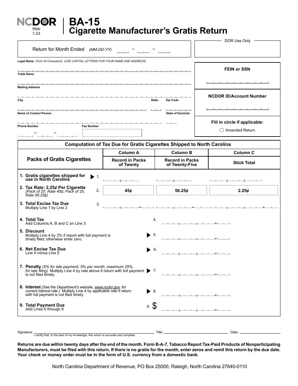 Form BA15 Download Printable PDF or Fill Online Cigarette Manufacturer