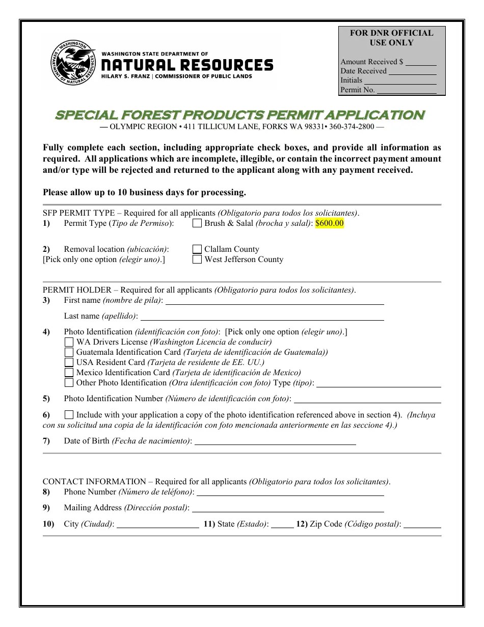 2023 Washington Special Forest Products Permit Application Olympic