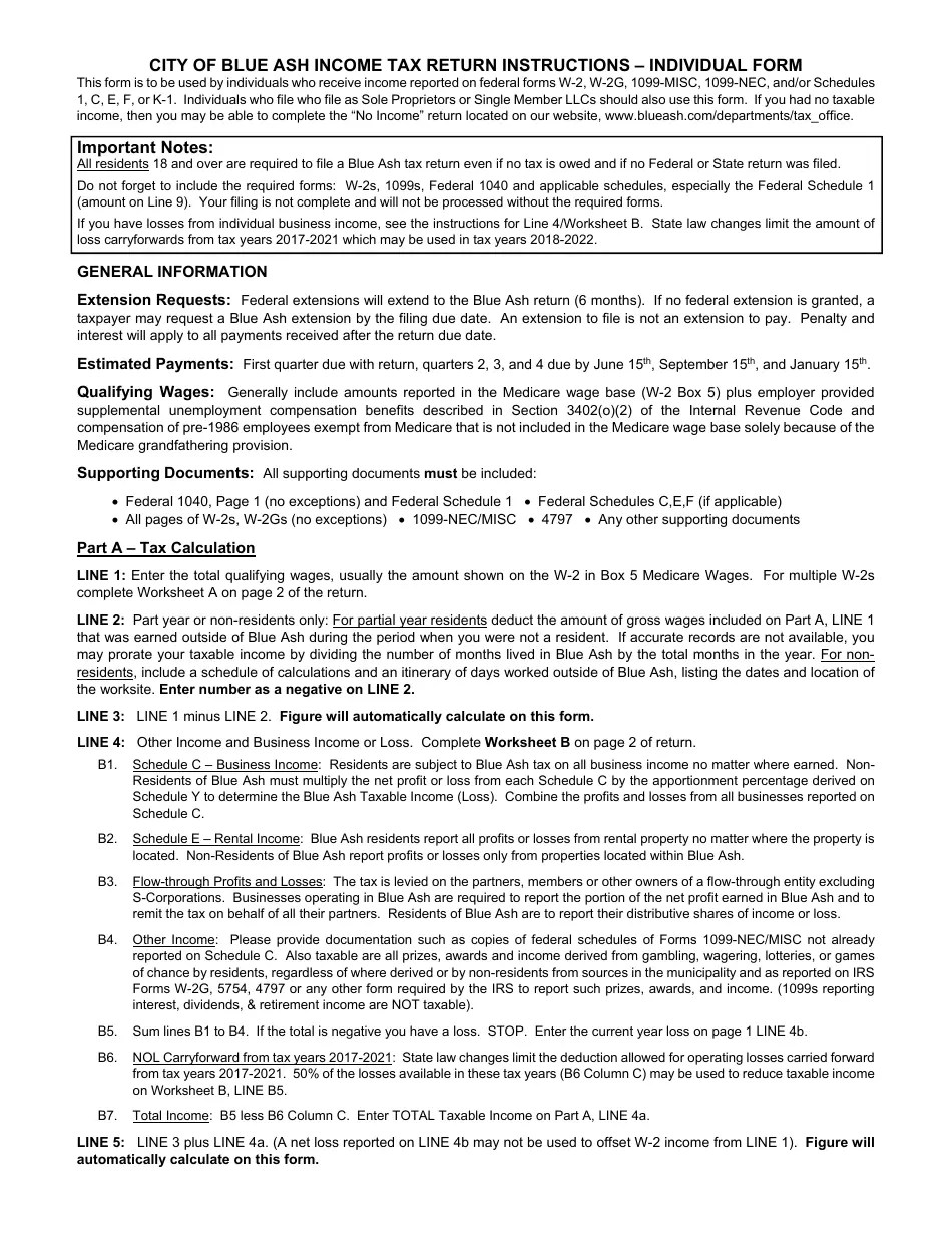 2022 City of Blue Ash, Ohio Individual Tax Return Calculating Fill Out, Sign Online and