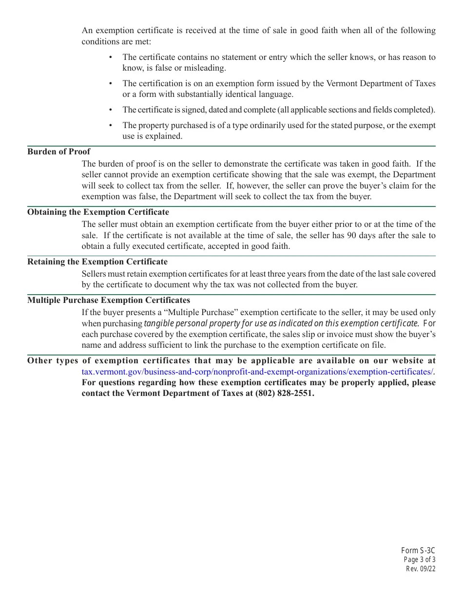 VT Form S3C Download Printable PDF or Fill Online Vermont Sales Tax