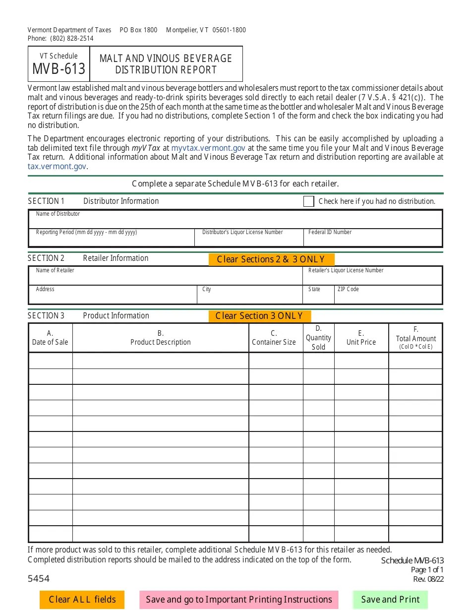 Vermont Malt and Vinous Beverage Distribution Report Fill Out, Sign