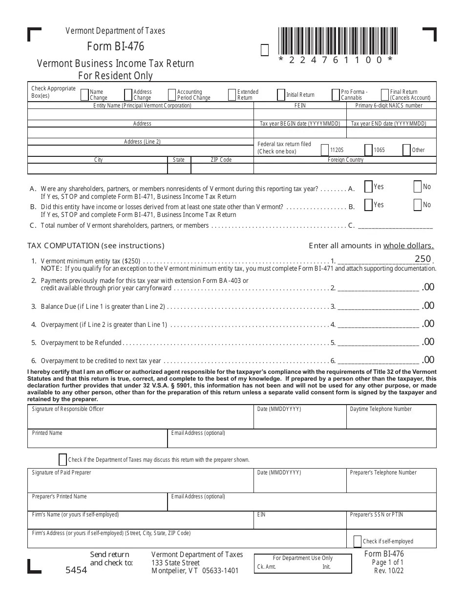 VT Form BI476 Download Printable PDF or Fill Online Vermont Business Tax Return for