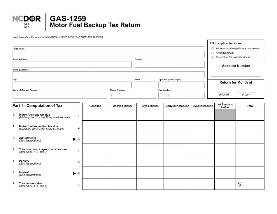 Form GAS1259 Download Printable PDF or Fill Online Motor Fuel Backup Tax Return, North Carolina